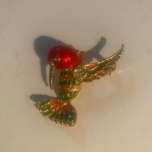 Funky Vintage Gold-Tone And Enamel Red Hummingbird Brooch~Maximalist And Unique